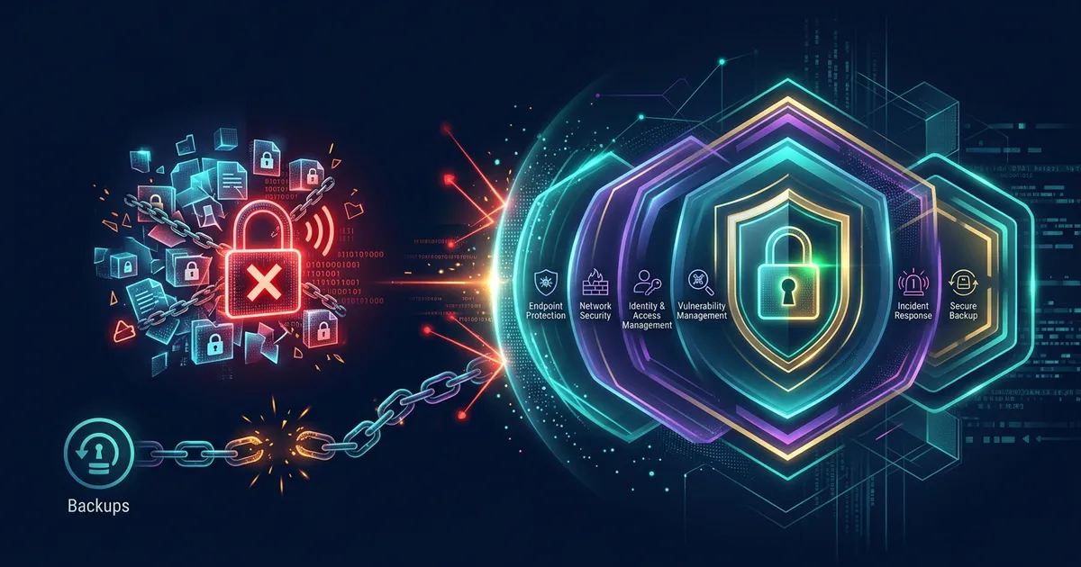 Schematische Darstellung geschützter Endgeräte, gesperrter Administratorkonten und eines unveränderlichen Backup-Tresors