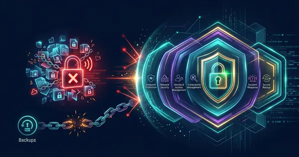 Schematische Darstellung geschützter Endgeräte, gesperrter Administratorkonten und eines unveränderlichen Backup-Tresors