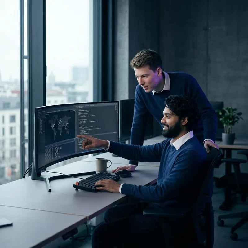 Zwei Security-Experten analysieren gemeinsam Code an einem Arbeitsplatz